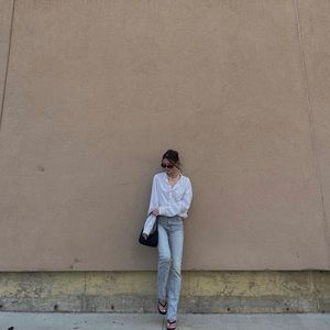 Zara Split Hem Light Wash Mom Jeans